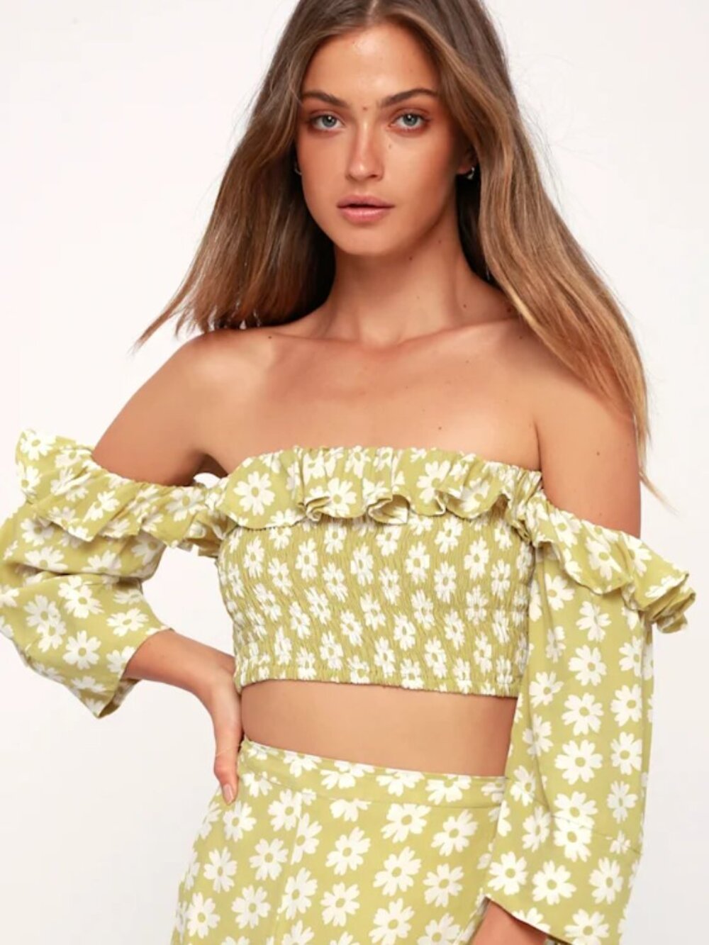 Faithfull the Brand Sybil Floral Off Shoulder Crop Top Green Large NWOT